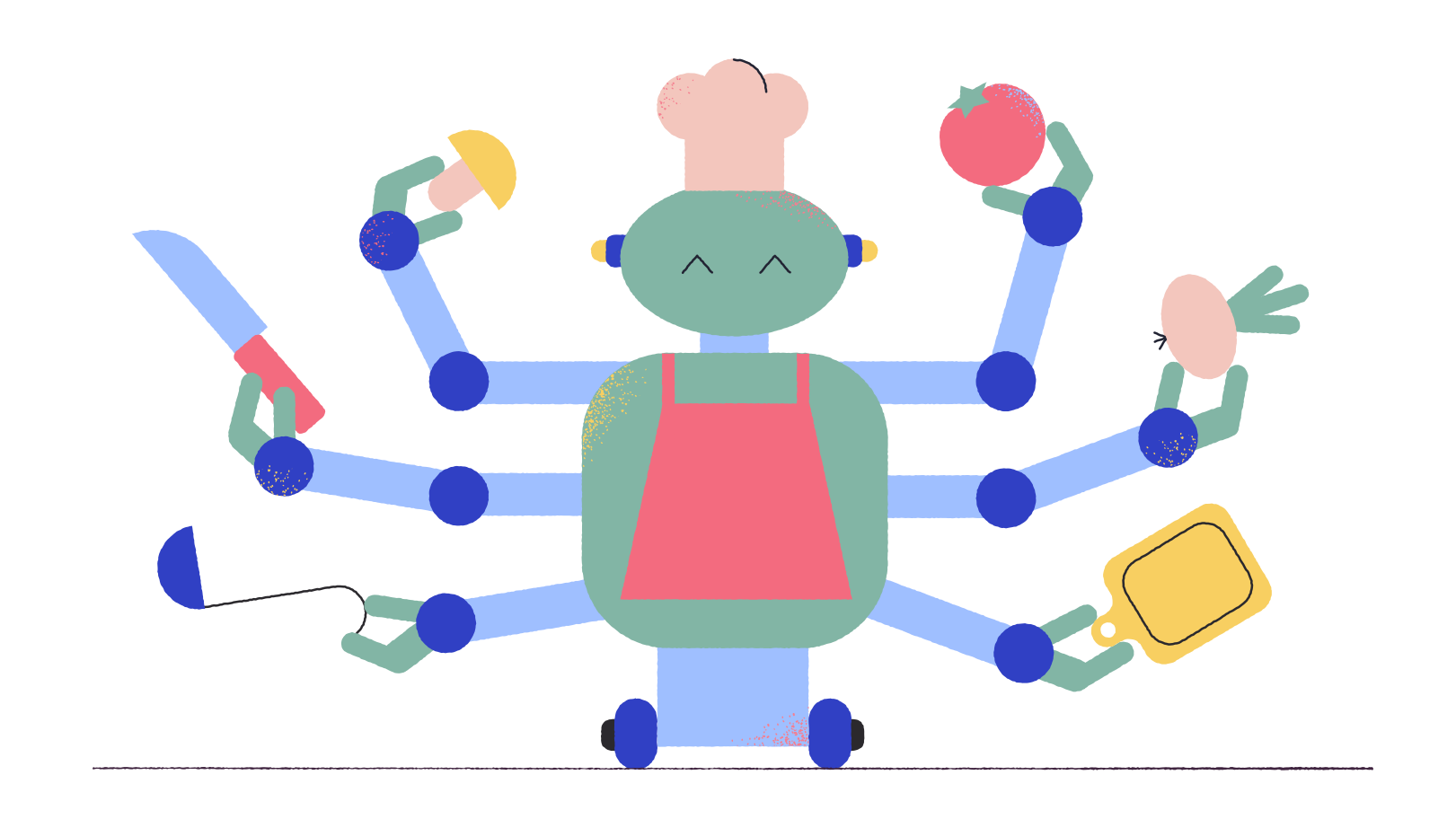 Multi-armed robot cooks food Illustration in PNG, SVG