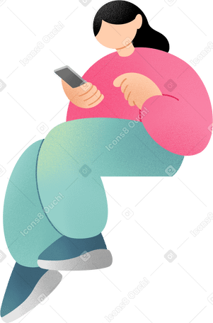 young woman sitting and looking at the phone в PNG, SVG