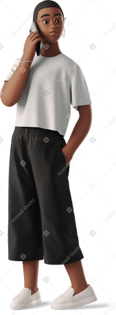 3D young woman staying and talking on phone with hand in pocket Illustration in PNG, SVG