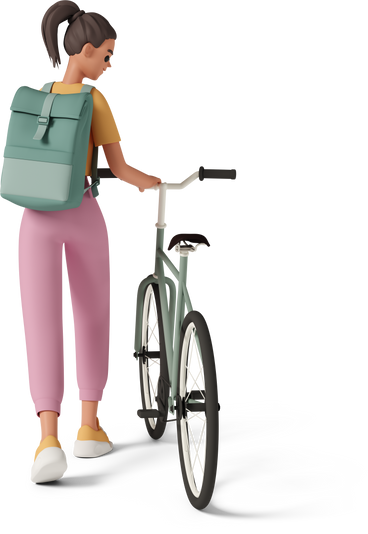 自転車で立っているバックパックの若い女性の背面図 PNG、SVG