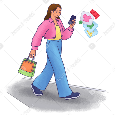Mujer joven caminando y usando su teléfono inteligente PNG, SVG