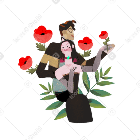 발렌타인 데이에 꽃을 들고 있는 로맨틱 커플 PNG, SVG