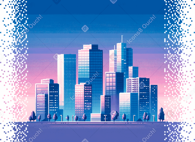 pixel twilight city skyline with disappearing borders PNG、SVG