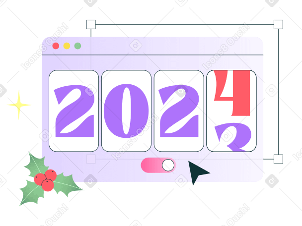 Цифры счетчика 2024 года в окне браузера и холли берри в PNG, SVG