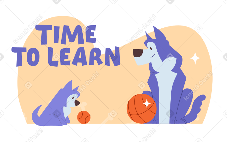 Время научиться писать вместе с собакой, которая учит щенка играть в мяч в PNG, SVG