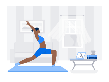 Mulher fazendo exercícios de ioga em casa com aulas online PNG, SVG