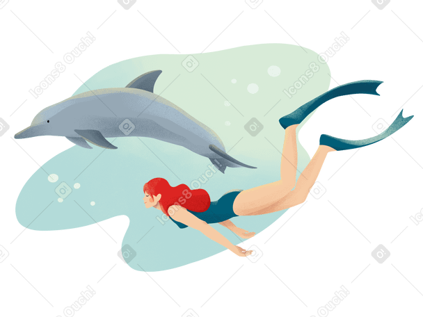 Young woman freediver swim with a dolphin Illustration in PNG, SVG