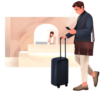 Hombre con maleta en la recepción del hotel. PNG, SVG