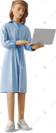 3D non-binary person standing with a laptop PNG, SVG
