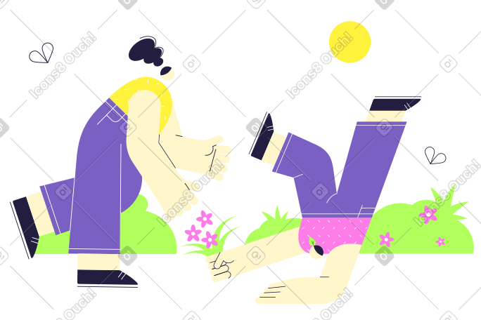 男子摔倒并将花束递给女子 PNG, SVG