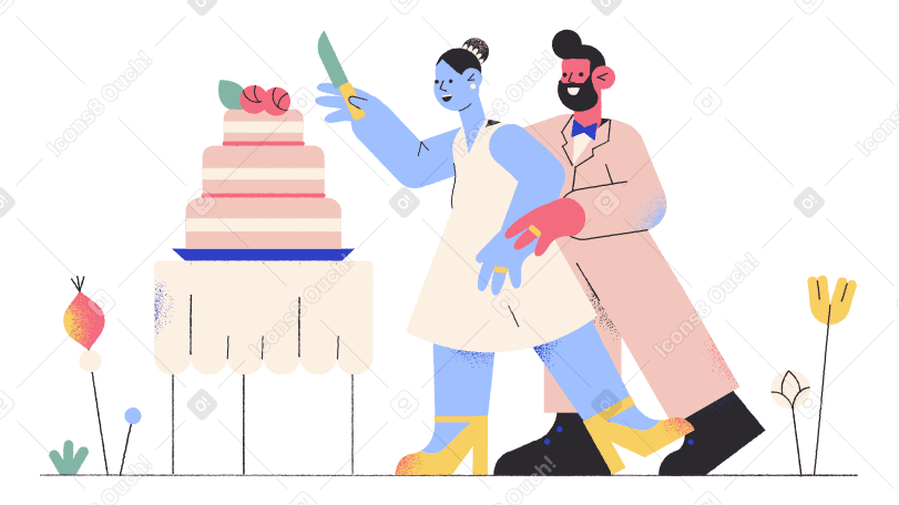 Newlyweds cutting the wedding cake  Illustration in PNG, SVG