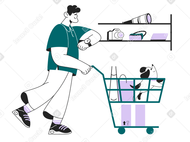 Mann blickt beim einkaufen mit hund im einkaufswagen auf die smartwatch PNG, SVG