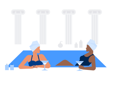 Two women in swimsuits drinking cocktails in a pool PNG, SVG