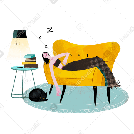 Menina dormindo no sofá amarelo na sala de estar PNG, SVG