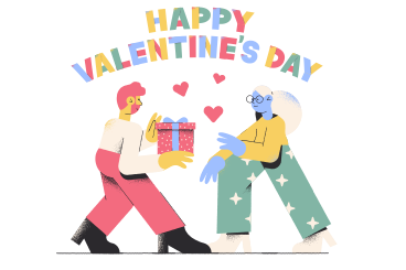 Schriftzug happy valentine's day mit einem mann, der einem mädchen ein geschenk macht PNG, SVG