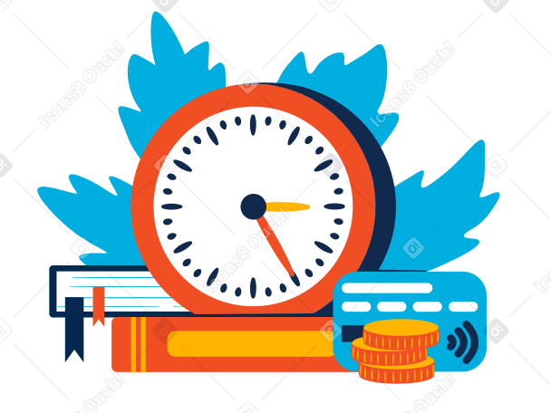 Large clock with books, coins and a credit card PNG, SVG