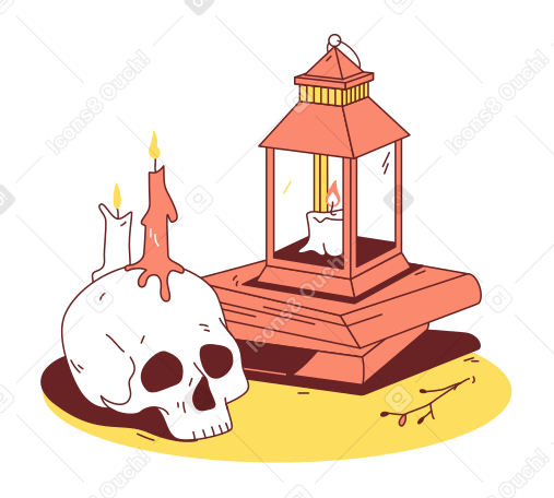 Skull, books stack and candle in lantern PNG, SVG