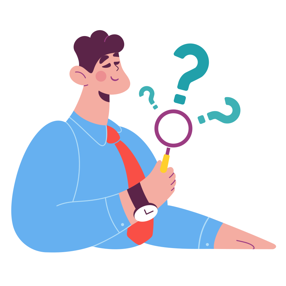 Man with a magnifying glass and a question Illustration in PNG, SVG
