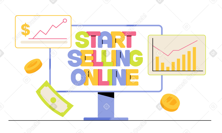 Надпись "начать продавать онлайн" на экране с монетами и графиками роста в PNG, SVG