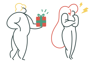 Мужчина извиняется перед женщиной с подарком в PNG, SVG