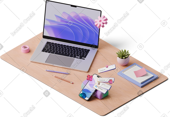 3D isometric view of desk with laptop and smartphone with new messages PNG, SVG