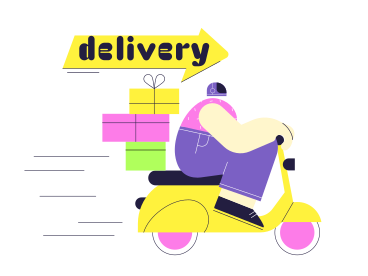 Delivery text and a man carries boxes on a moped PNG, SVG