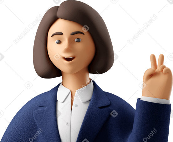 3D close up of businesswoman in blue suit with peace sign hand Illustration in PNG, SVG
