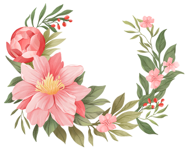 Different pink flowers with green leaves arranged in a circle PNG, SVG
