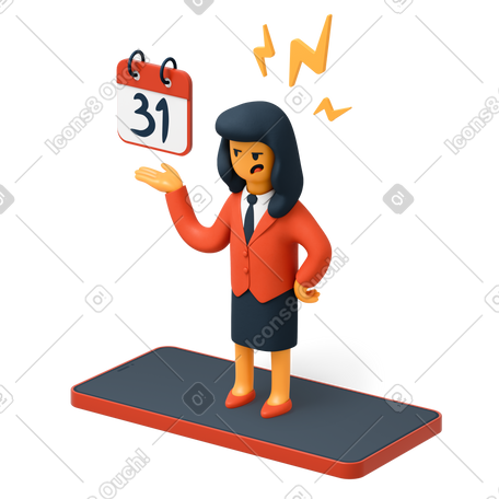 3D 女商人站在电话上，指着最后期限 PNG, SVG