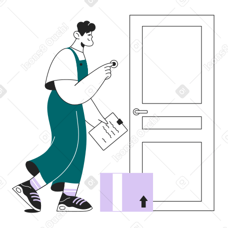 Delivery man with a parcel rings the doorbell Illustration in PNG, SVG