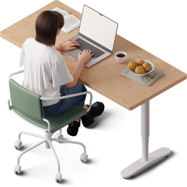 Изометрический вид молодой женщины, работающей на ноутбуке в PNG, SVG