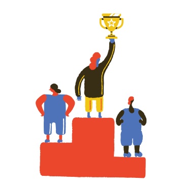 Atleti in piedi sul podio e vincitore con in mano il trofeo PNG, SVG