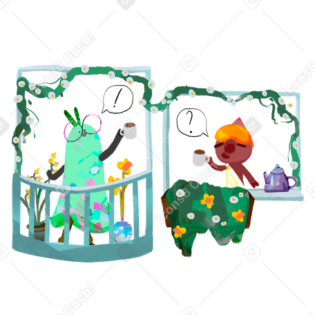 Neighbours talking on the balcony with flowers PNG, SVG