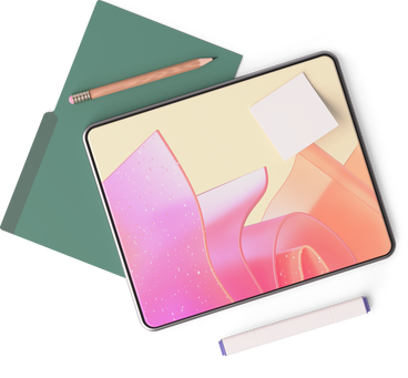 top view of tablet, folder, marker, and pencil PNG, SVG