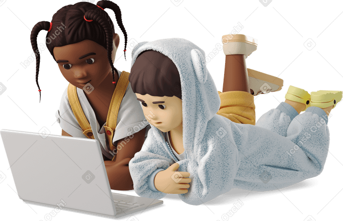 3D small children looking at a laptop PNG, SVG