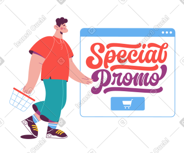 Man with shopping basket and Lettering Special Promo in browser screen text  PNG, SVG