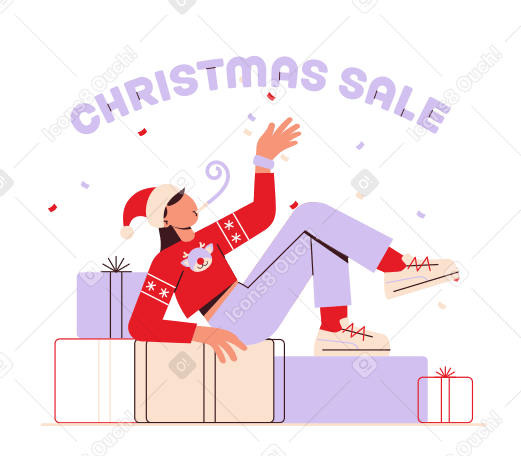 Надпись "рождественская распродажа" с девушкой, которая сидит на тексте подарочных коробок в PNG, SVG