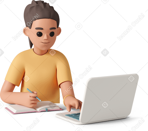 3D Girl with laptop making notes PNG, SVG