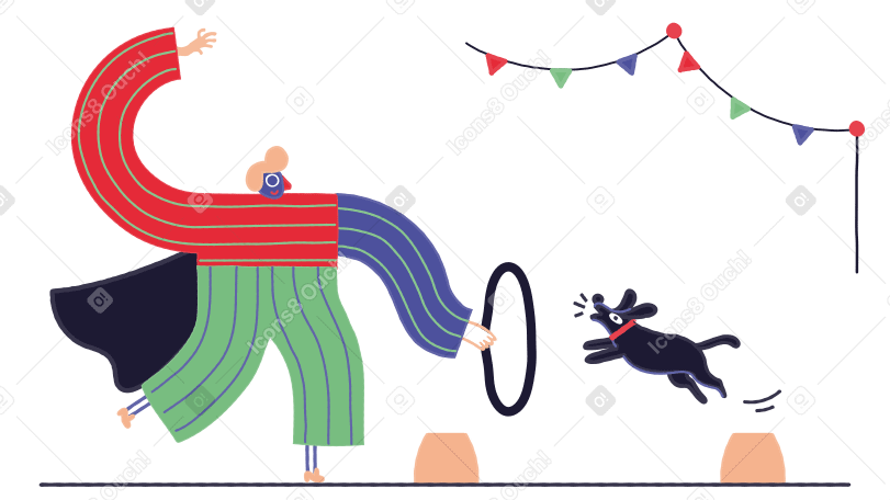 Цирковое представление с собакой, прыгающей через обруч в PNG, SVG