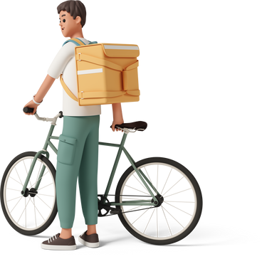 three-quarter back view of delivery man with delivery bag and bike PNG, SVG
