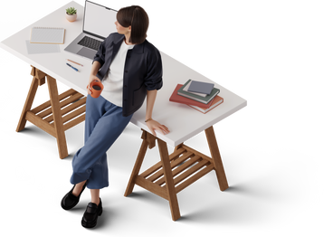 isometric view of young woman with cup in hand leaning on table PNG, SVG