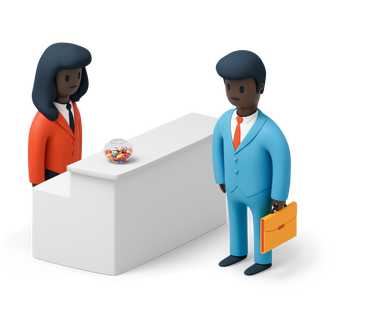 Receptionist and man in suit standing at reception desk PNG, SVG