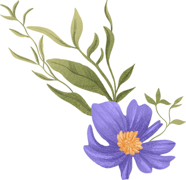violet flower with a yellow center and small leaves PNG, SVG