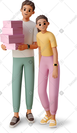 3D girl and boy with boxes PNG, SVG