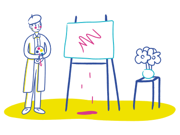 Artiste debout près du tableau de peinture avec palette PNG, SVG