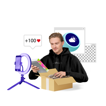 Male streamer unboxing tech gadgets PNG, SVG