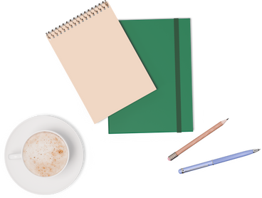 Вид сверху на две тетради, ручку, карандаш и чашку кофе в PNG, SVG