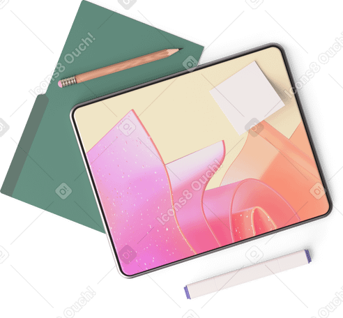 3D top view of tablet, folder, marker, and pencil PNG, SVG