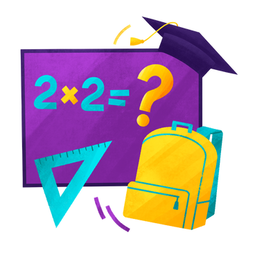 Tableau noir avec équations, casquette de graduation, sac à dos, règle, comme symbole de la rentrée scolaire PNG, SVG