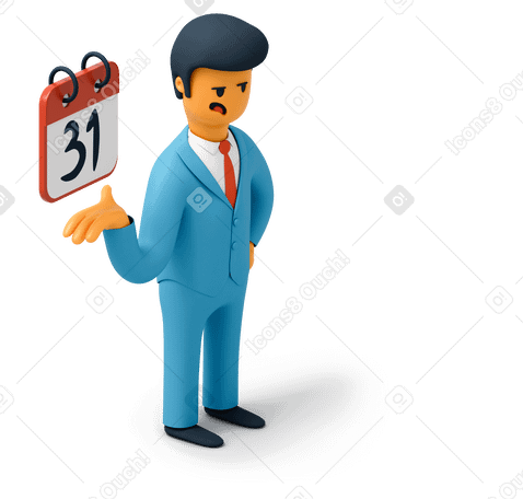 3D Man in blue suit with calendar. Time is running out Illustration in PNG, SVG